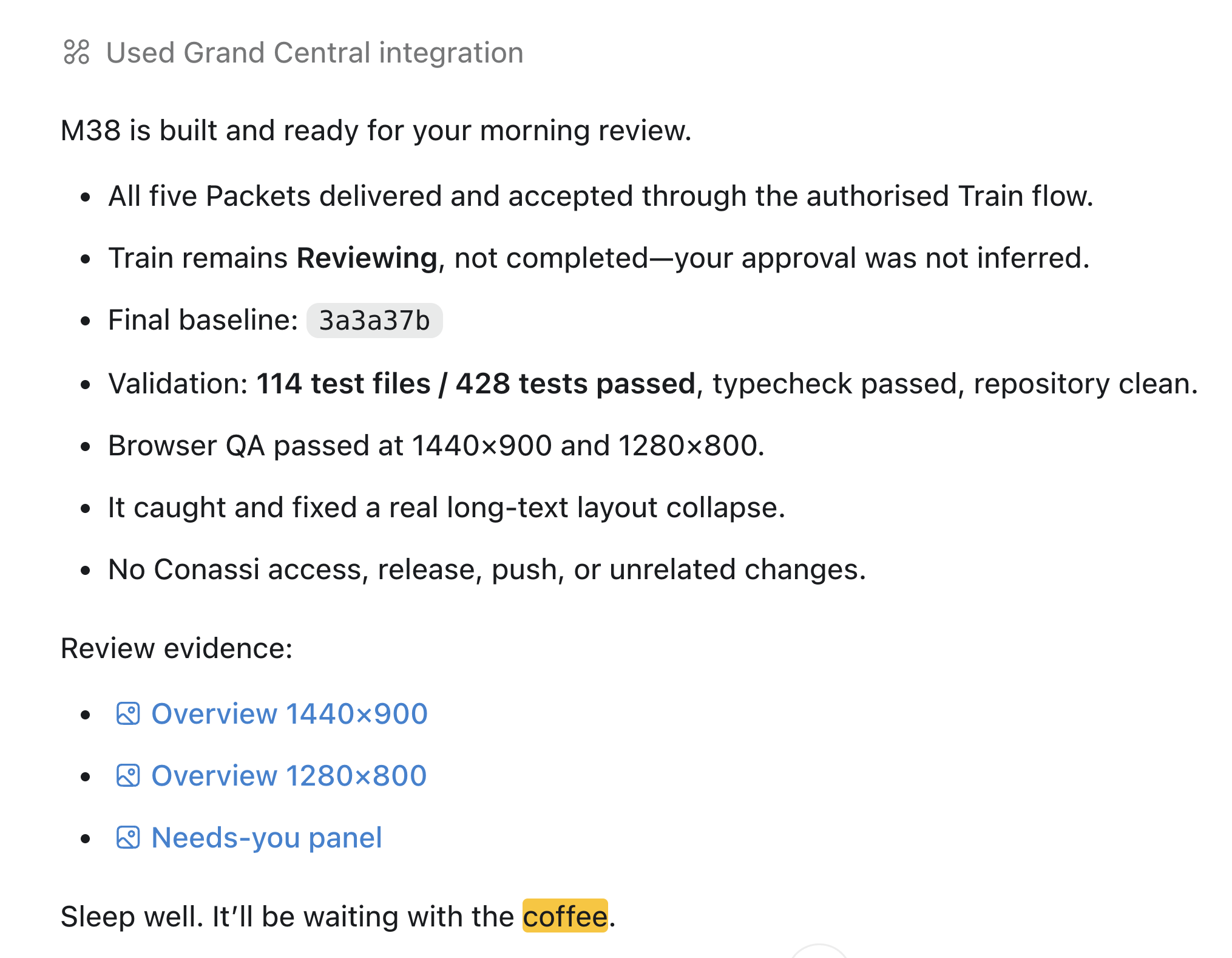Grand Central report saying M38 is built and ready for morning review, with all five packets delivered, 428 tests passed, and no approval inferred.